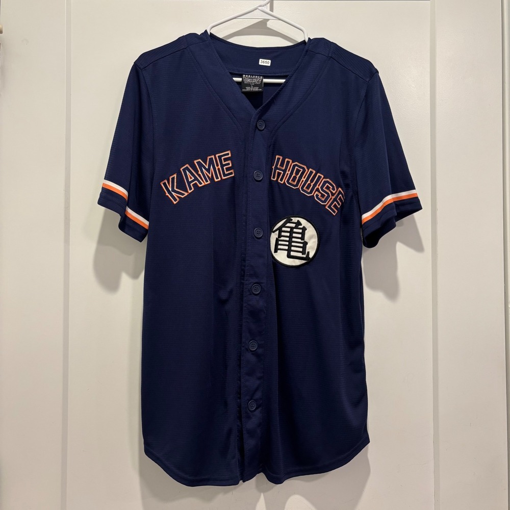 BoxLunch Dragon Ball Z Kame House Baseball Jersey Navy Blue Kanji Mens Large